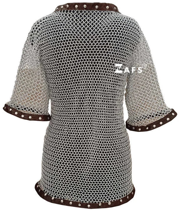 Handcrafted Medieval Chainmail Shirt With Leather Trim Aluminum Half Sleeve Hauberk Armor Cosplay for Historical Reenactment