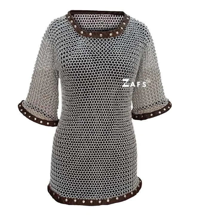 Handcrafted Medieval Chainmail Shirt With Leather Trim Aluminum Half Sleeve Hauberk Armor Cosplay for Historical Reenactment