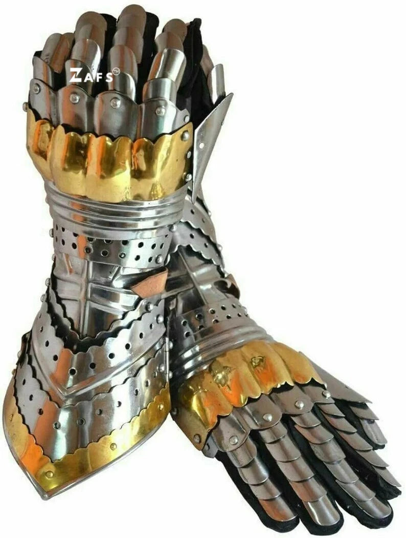 Grand Heritage Medieval Mild Steel Gauntlets with Brass Accents Luxurious Knight Armor Costume Gloves for Cosplay Reenactment