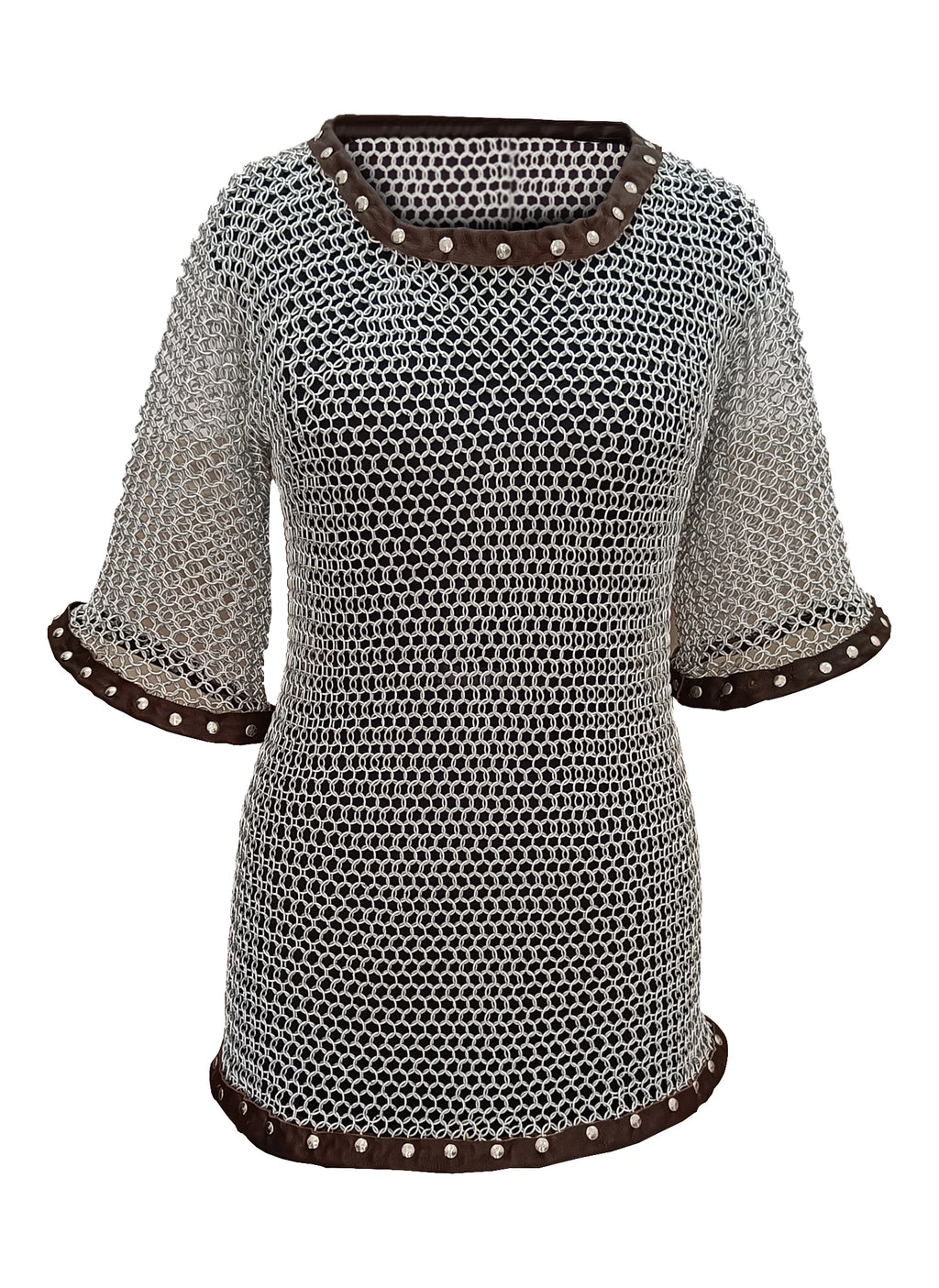 Handcrafted Medieval Chainmail Shirt With Leather Trim Aluminum Half Sleeve Hauberk Armor Cosplay for Historical Reenactment