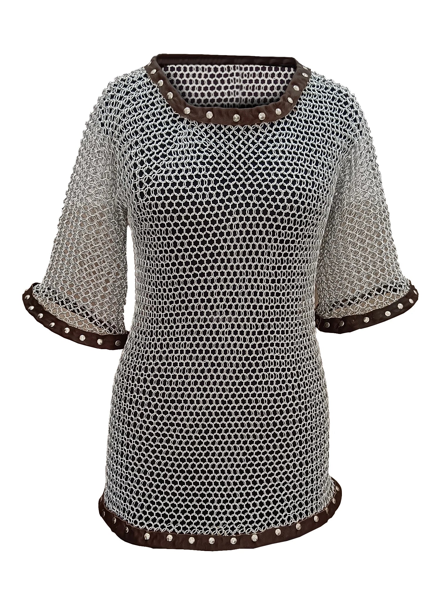 Handcrafted Medieval Chainmail Shirt With Leather Trim Aluminum Half Sleeve Hauberk Armor Cosplay for Historical Reenactment