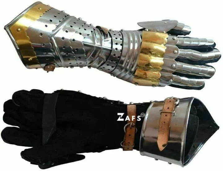 Grand Heritage Medieval Mild Steel Gauntlets with Brass Accents Luxurious Knight Armor Costume Gloves for Cosplay Reenactment