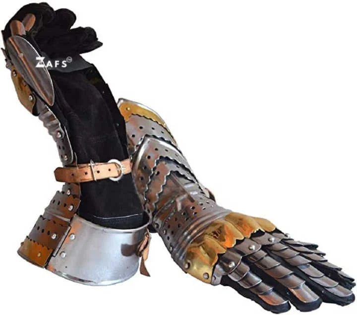 Grand Heritage Medieval Mild Steel Gauntlets with Brass Accents Luxurious Knight Armor Costume Gloves for Cosplay Reenactment