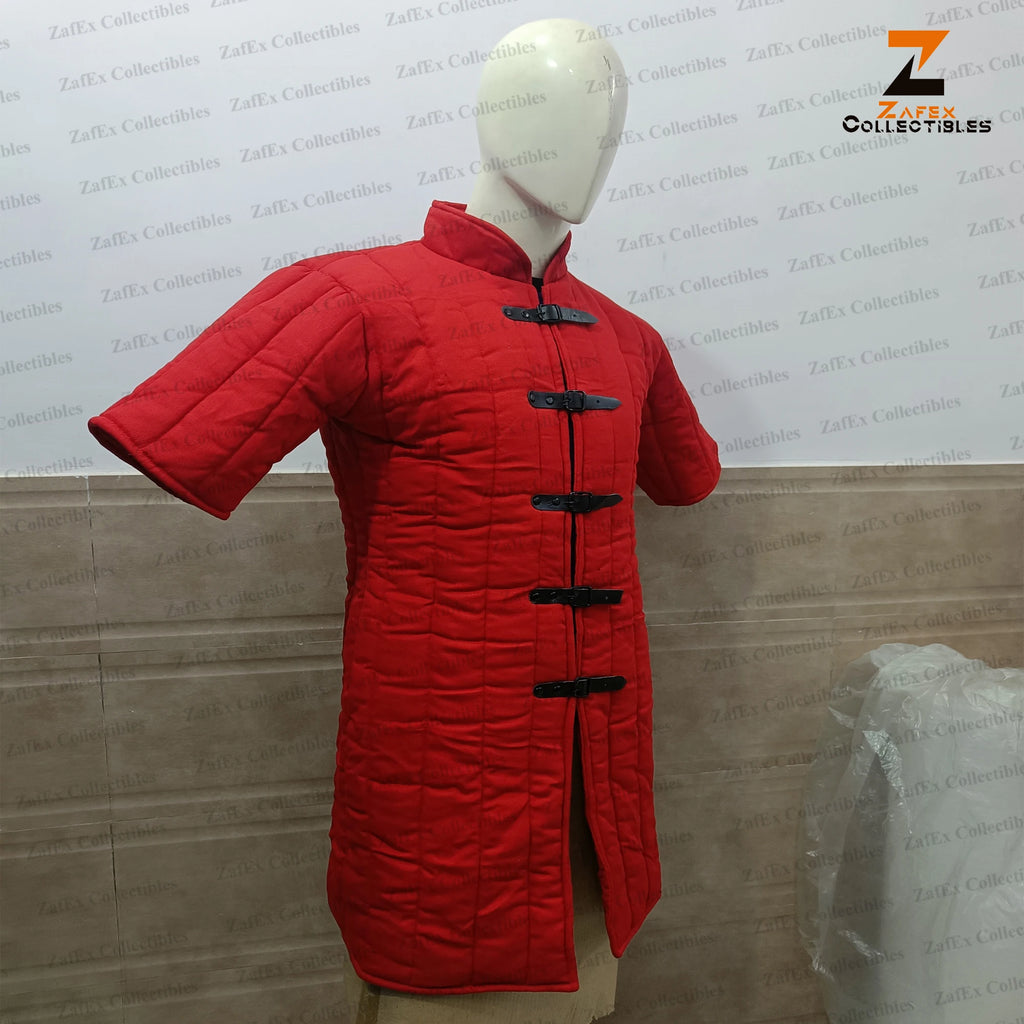 Medieval Red Gambeson Coat Half Sleeve Thick Padded Jacket for Cosplay Reenactment Costume Durable Cotton Aketon Knight Outfit