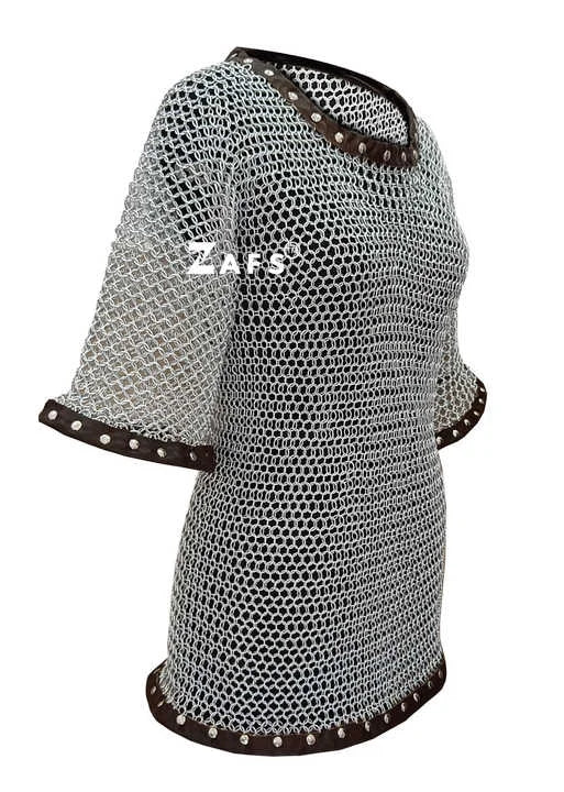 Handcrafted Medieval Chainmail Shirt With Leather Trim Aluminum Half Sleeve Hauberk Armor Cosplay for Historical Reenactment