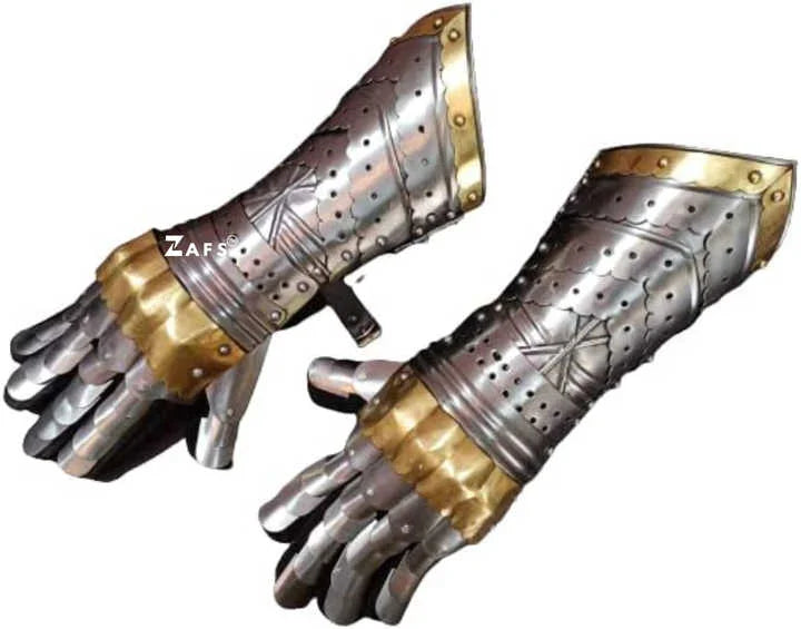 Grand Heritage Medieval Mild Steel Gauntlets with Brass Accents Luxurious Knight Armor Costume Gloves for Cosplay Reenactment