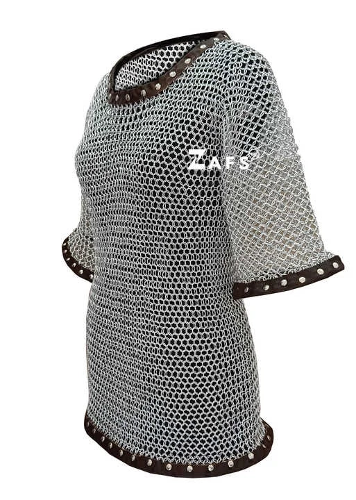 Handcrafted Medieval Chainmail Shirt With Leather Trim Aluminum Half Sleeve Hauberk Armor Cosplay for Historical Reenactment