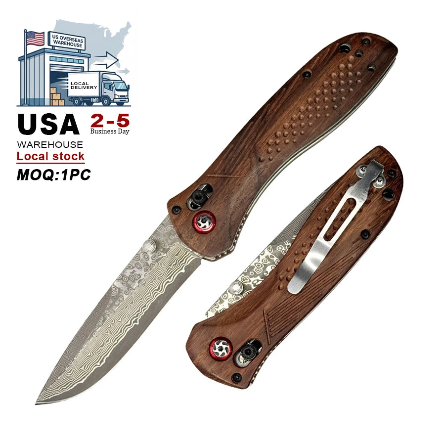 Local Stock Damascus Knife with Wood Handle Folding Design for Survival Outdoor Hunting Camping EDC Pocket Tool