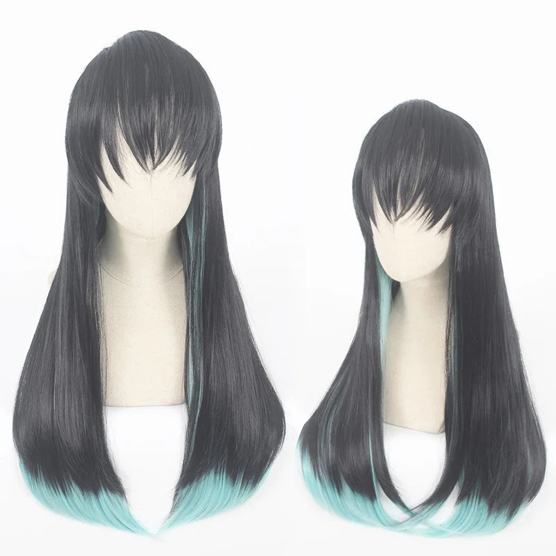 Wholesale 70cm Long Straight Demon Slayer Wig Black Light Green Mixed Tokitou Muichirou Synthetic Anime Cosplay Wigs