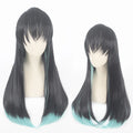 Wholesale 70cm Long Straight Demon Slayer Wig Black Light Green Mixed Tokitou Muichirou Synthetic Anime Cosplay Wigs