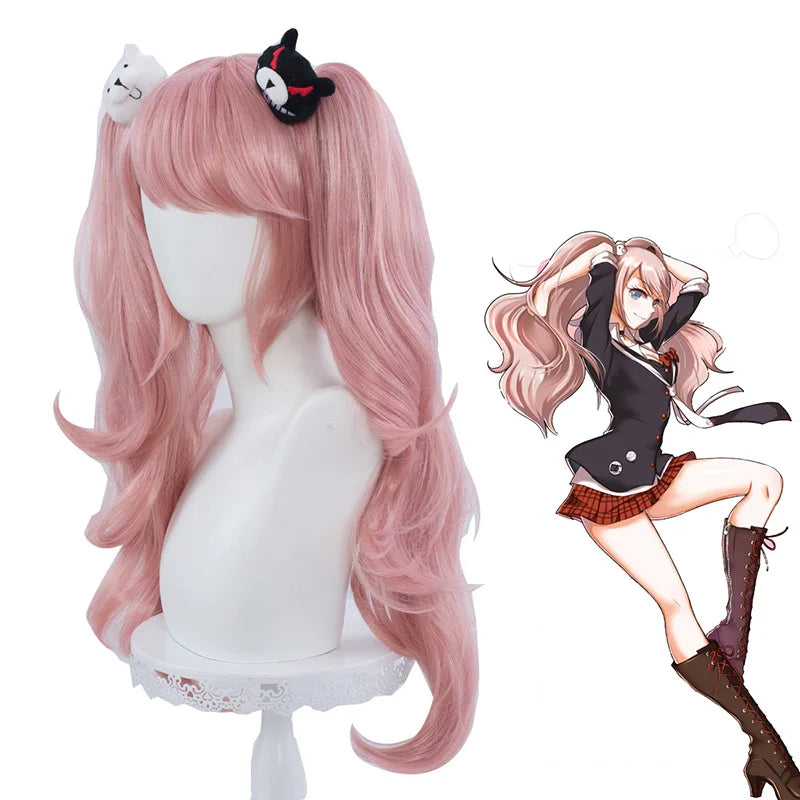 High Quality 60cm Long Curly Pink Dangan Ronpa Wig Enoshima Junko Hair Synthetic Anime Cosplay Wigs With 2Ponytails CS-078C