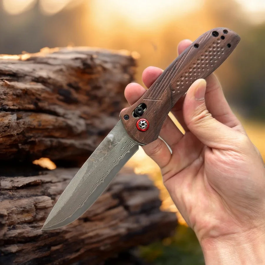 Local Stock Damascus Knife with Wood Handle Folding Design for Survival Outdoor Hunting Camping EDC Pocket Tool