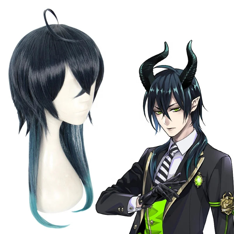 High Quality 50cm Long Straight Dark Blue&Green Twisted Wonderland Malleus Wig Synthetic Anime Cosplay Wigs