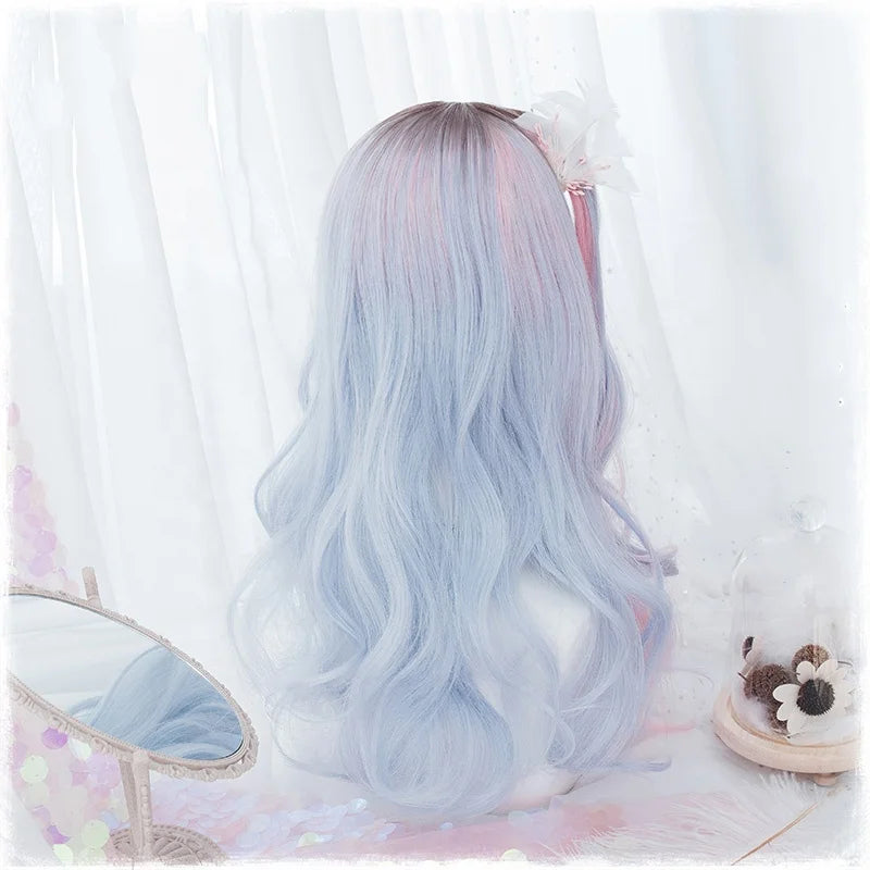 High Quality 50cm Long Curly Brown Pink Blue Three Colors Mixed Synthetic Anime Cosplay Hair Lolita Wigs for Girls CS-819A