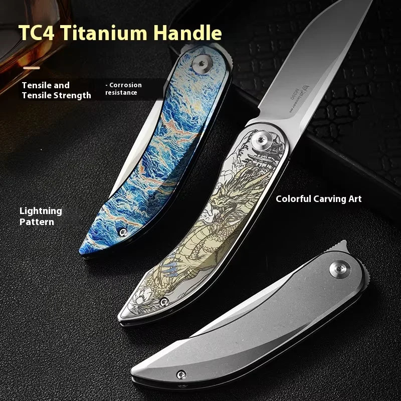PioneerEDC Gr5 Titanium Alloy Survival Knife EDC Folding Utility Knife M390 Steel Blade High Hardness Tactical Camping Knife