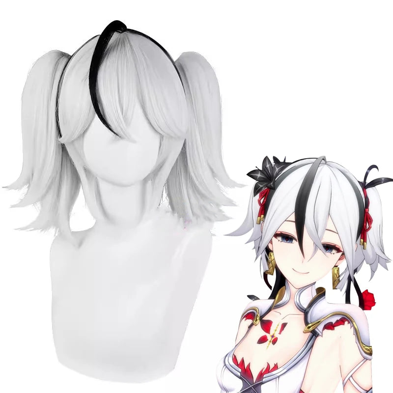 Wholesale Wuthering Waves Game 35cm Short Silver Black Mixed Camellya Chun Wig Synthetic Anime Cosplay Wig With Two Ponytails