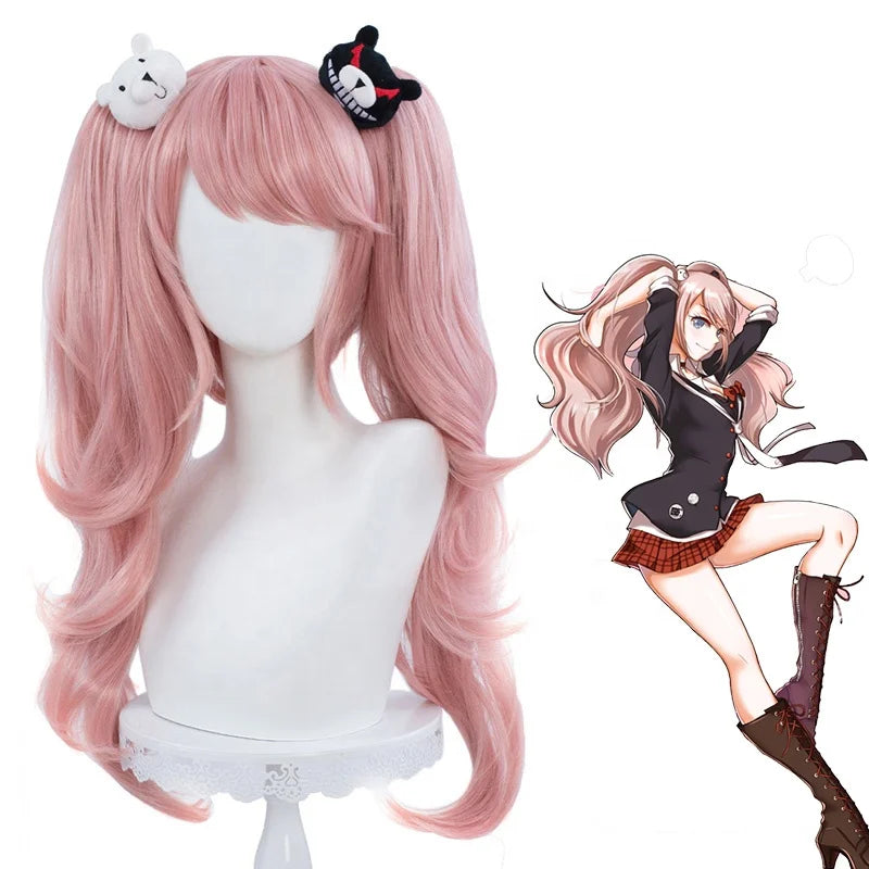 High Quality 60cm Long Curly Pink Dangan Ronpa Wig Enoshima Junko Hair Synthetic Anime Cosplay Wigs With 2Ponytails CS-078C