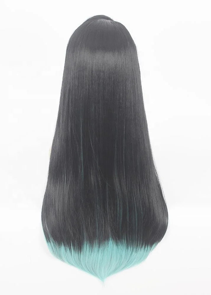 Wholesale 70cm Long Straight Demon Slayer Wig Black Light Green Mixed Tokitou Muichirou Synthetic Anime Cosplay Wigs