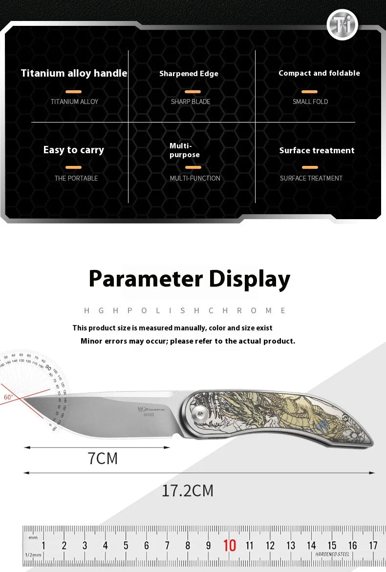 PioneerEDC Gr5 Titanium Alloy Survival Knife EDC Folding Utility Knife M390 Steel Blade High Hardness Tactical Camping Knife