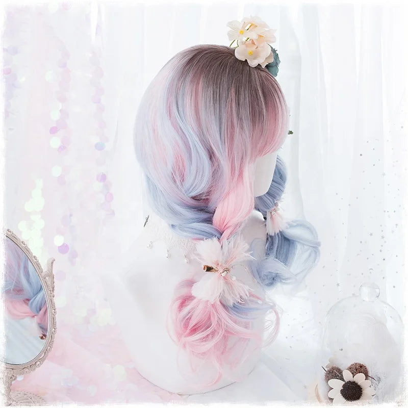 High Quality 50cm Long Curly Brown Pink Blue Three Colors Mixed Synthetic Anime Cosplay Hair Lolita Wigs for Girls CS-819A