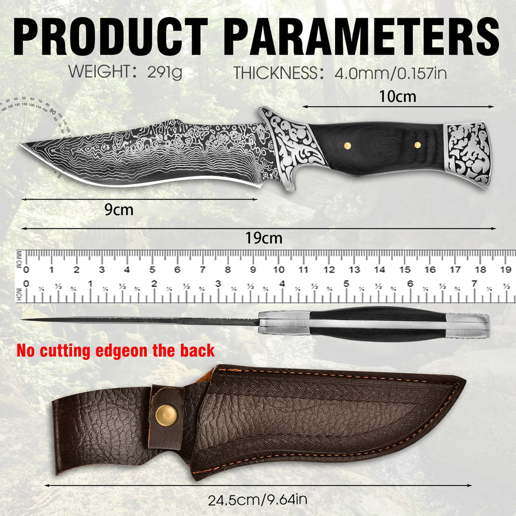 Damascus Pattern Outdoor Knife, Exquisite Patterned Blade Black Wood Handle W/Metal Accents, Engraved Leather Sheath for Camping