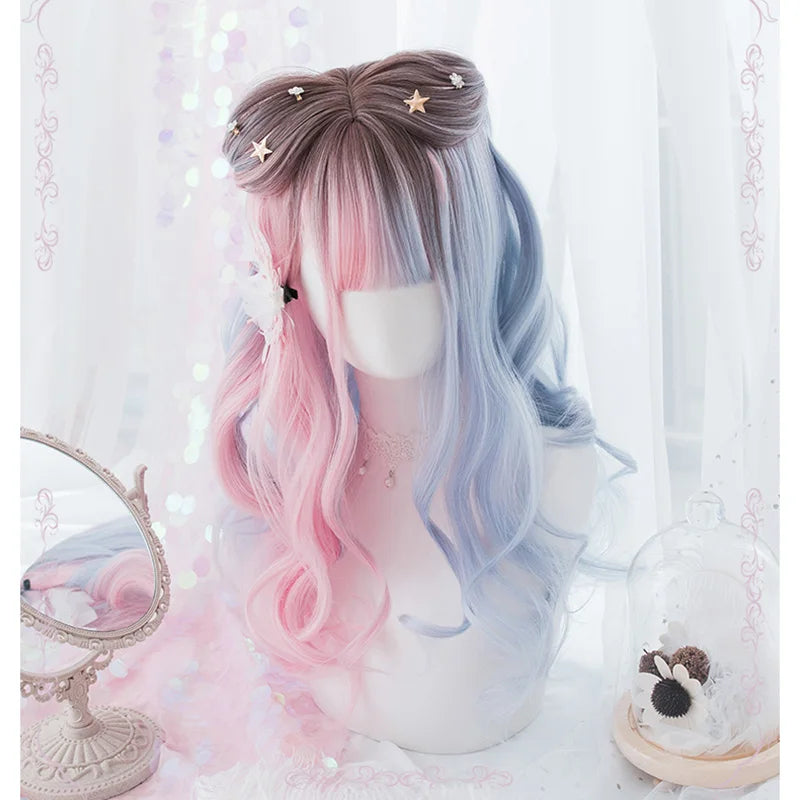 High Quality 50cm Long Curly Brown Pink Blue Three Colors Mixed Synthetic Anime Cosplay Hair Lolita Wigs for Girls CS-819A