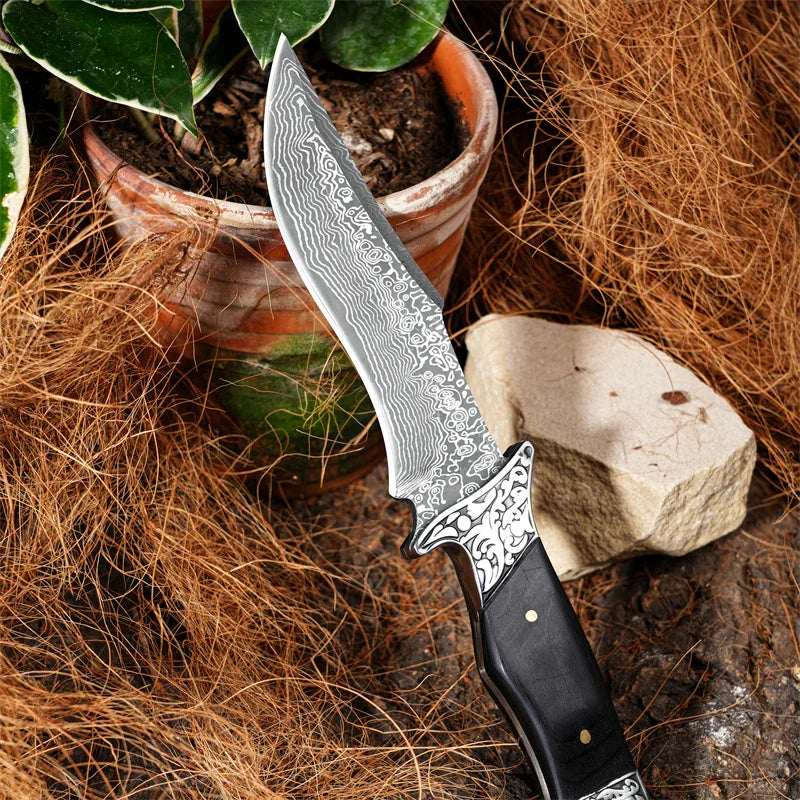 Damascus Pattern Outdoor Knife, Exquisite Patterned Blade Black Wood Handle W/Metal Accents, Engraved Leather Sheath for Camping