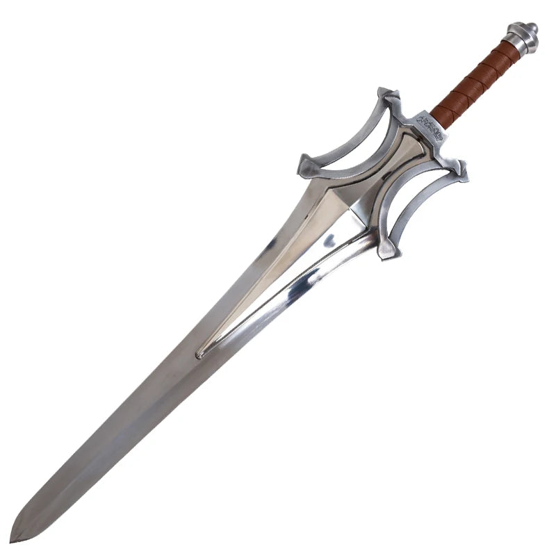 Fantasy Greatsword Game Movie Prop, Silver Broad Sword with Leather Grip, Polished Silver Broad Blade Unsharpened