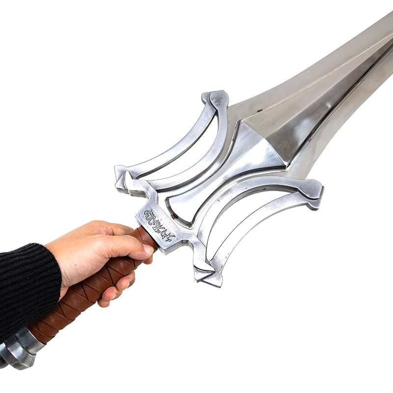 Fantasy Greatsword Game Movie Prop, Silver Broad Sword with Leather Grip, Polished Silver Broad Blade Unsharpened