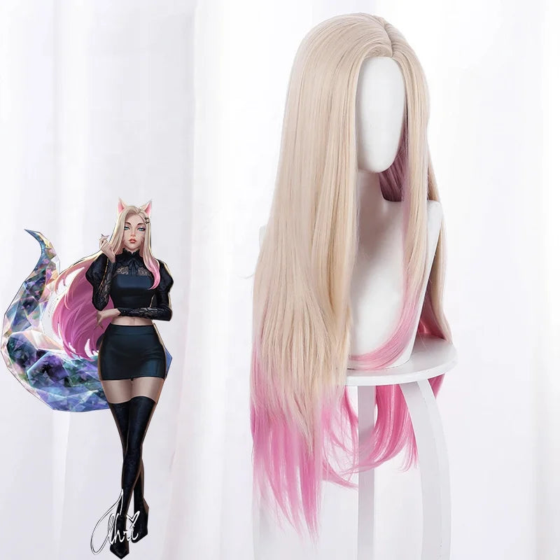 Wholesale League of Legends Anime Wig 80cm Long Beige Pink Mixed LOL KDA Ahri Wig Synthetic Anime Cosplay Wigs With Ears