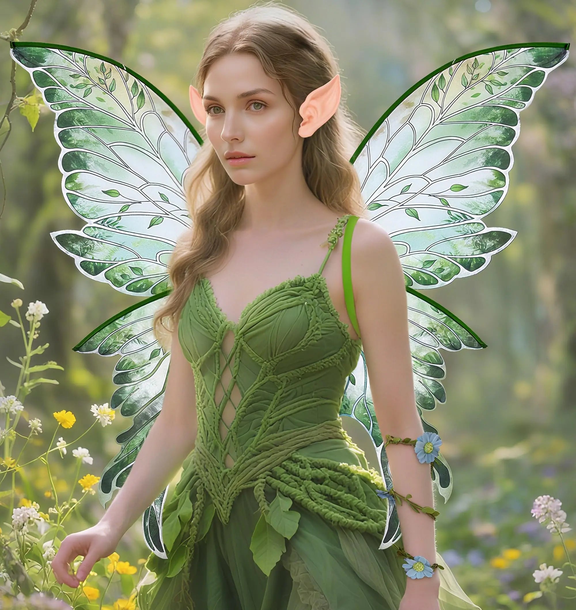 Fairy Wings Costume Set for Adults Butterfly Wings with Elf Ears & Flower Arm Wraps for Halloween Cosplay Photo