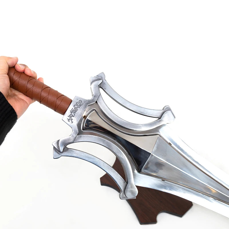 Fantasy Greatsword Game Movie Prop, Silver Broad Sword with Leather Grip, Polished Silver Broad Blade Unsharpened