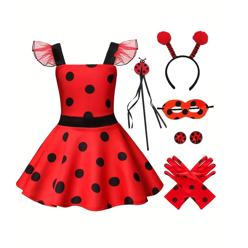 8pcs/set Red Black Dots Dress with Matching Hair Band+magic Wand+gloves+earring+eye Mask  Ladybug Cosplay Birthday Party Wear