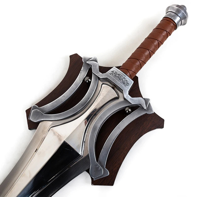Fantasy Greatsword Game Movie Prop, Silver Broad Sword with Leather Grip, Polished Silver Broad Blade Unsharpened
