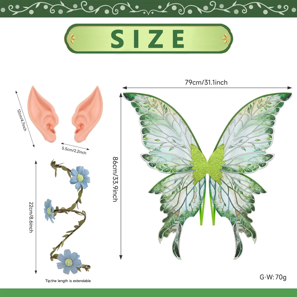Fairy Wings Costume Set for Adults Butterfly Wings with Elf Ears & Flower Arm Wraps for Halloween Cosplay Photo
