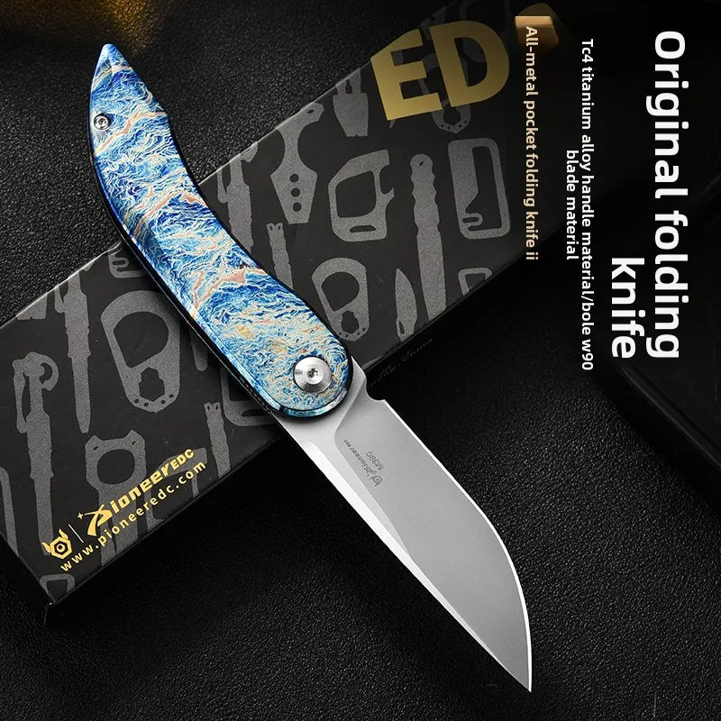 PioneerEDC Gr5 Titanium Alloy Survival Knife EDC Folding Utility Knife M390 Steel Blade High Hardness Tactical Camping Knife