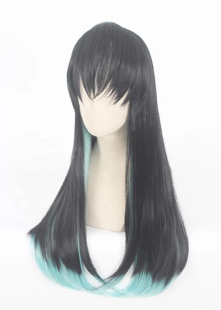 Wholesale 70cm Long Straight Demon Slayer Wig Black Light Green Mixed Tokitou Muichirou Synthetic Anime Cosplay Wigs