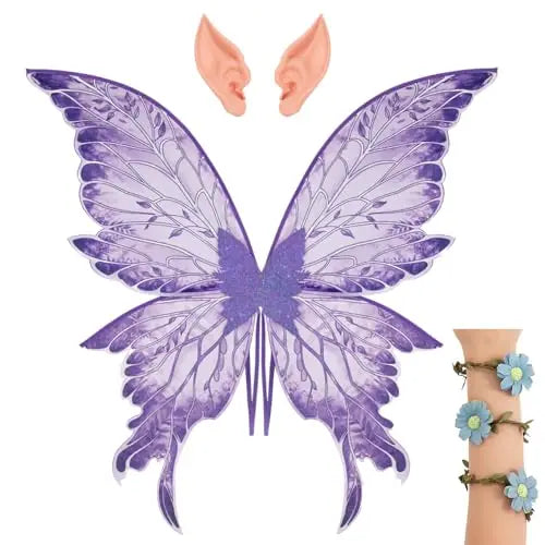 Fairy Wings Costume Set for Adults Butterfly Wings with Elf Ears & Flower Arm Wraps for Halloween Cosplay Photo