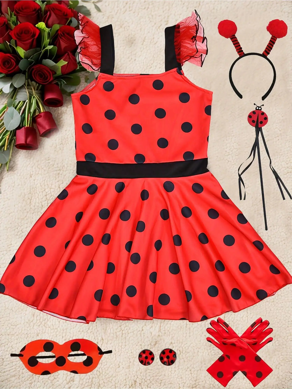 8pcs/set Red Black Dots Dress with Matching Hair Band+magic Wand+gloves+earring+eye Mask  Ladybug Cosplay Birthday Party Wear
