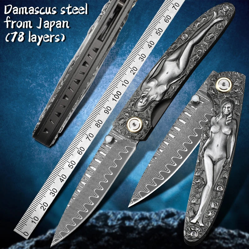 Pocket Knife Japanese Damascus Steel Blade Moussa Goddess Folding Knife