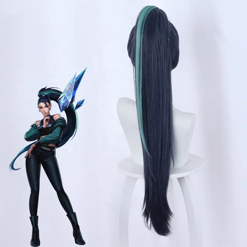 Wholesale KDA Kaisa Peluca 80cm Long Dark Blue Green Mixed League of Legends LOL Synthetic Anime Cosplay Wig With One Ponytail