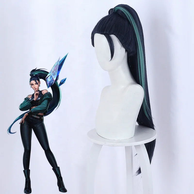 Wholesale KDA Kaisa Peluca 80cm Long Dark Blue Green Mixed League of Legends LOL Synthetic Anime Cosplay Wig With One Ponytail