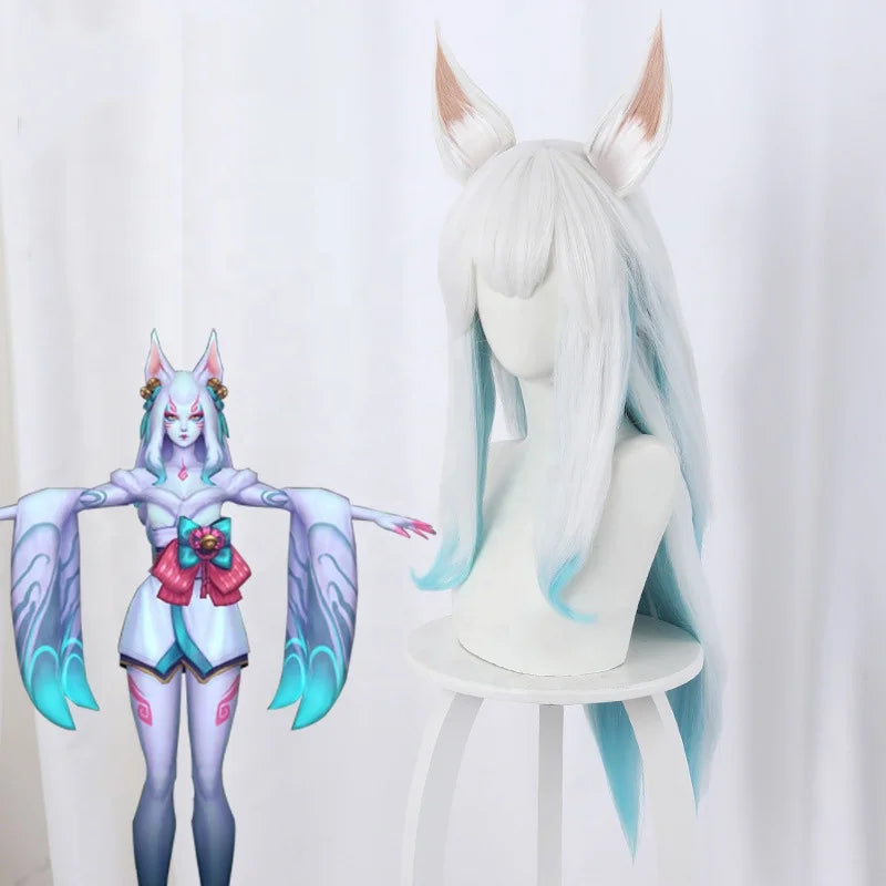 60cm Long Wave LOL Wig League of Legends Spirit Blossm White Ahri Wig Synthetic Anime Cosplay Wigs With Ears CS-119N
