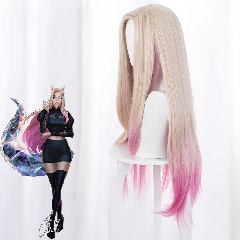 Wholesale League of Legends Anime Wig 80cm Long Beige Pink Mixed LOL KDA Ahri Wig Synthetic Anime Cosplay Wigs With Ears