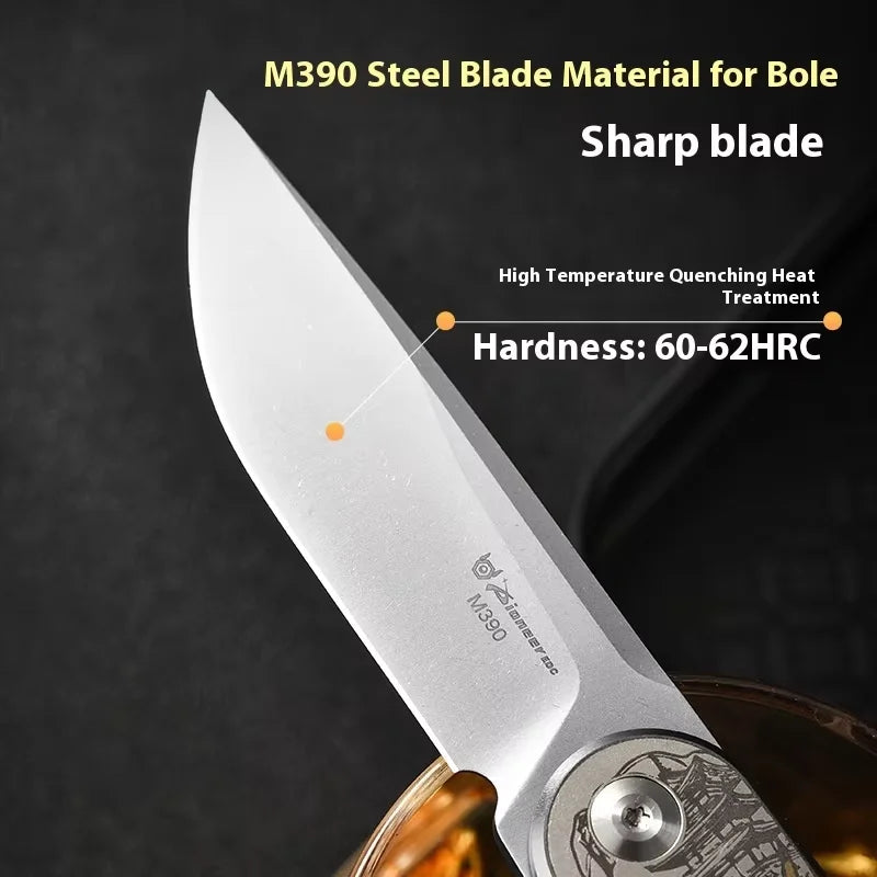 PioneerEDC Gr5 Titanium Alloy Survival Knife EDC Folding Utility Knife M390 Steel Blade High Hardness Tactical Camping Knife