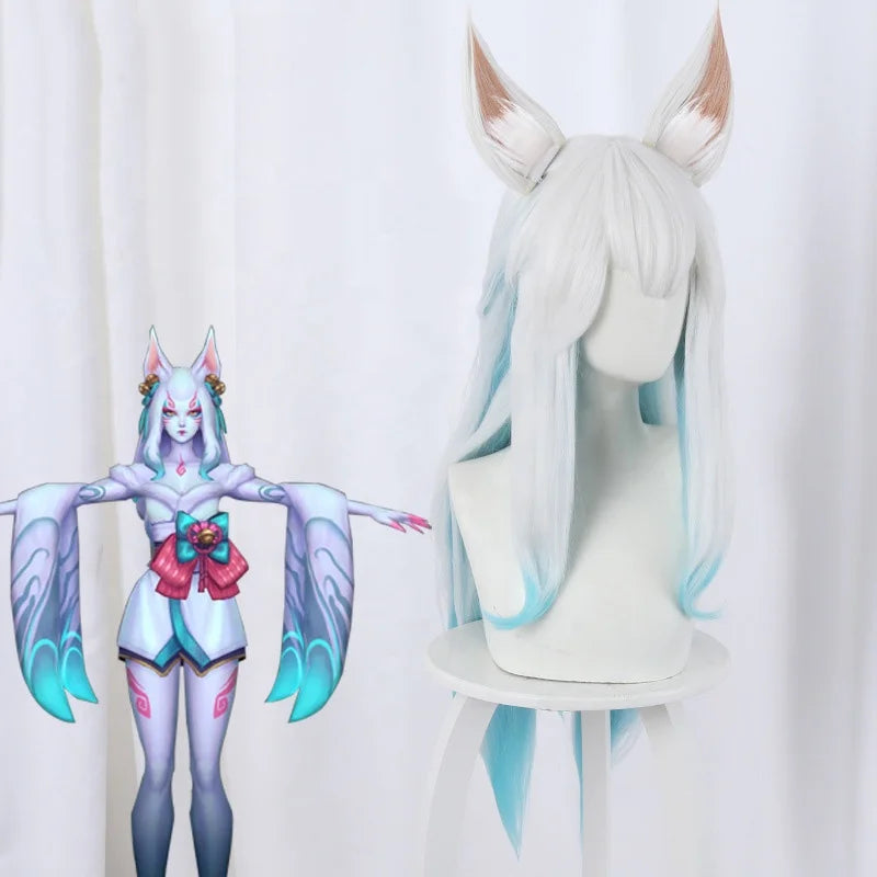 60cm Long Wave LOL Wig League of Legends Spirit Blossm White Ahri Wig Synthetic Anime Cosplay Wigs With Ears CS-119N