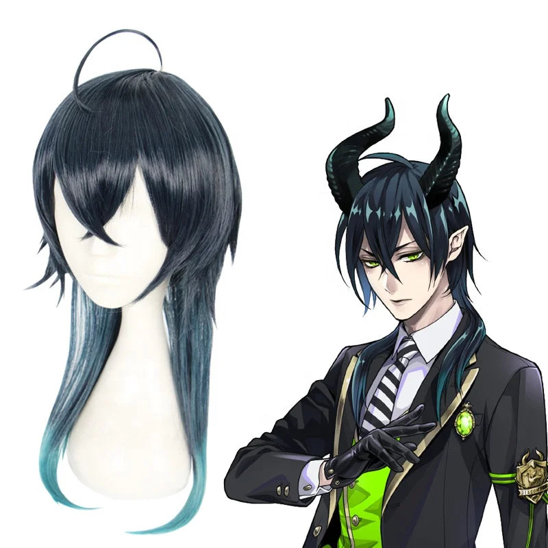 High Quality 50cm Long Straight Dark Blue&Green Twisted Wonderland Malleus Wig Synthetic Anime Cosplay Wigs