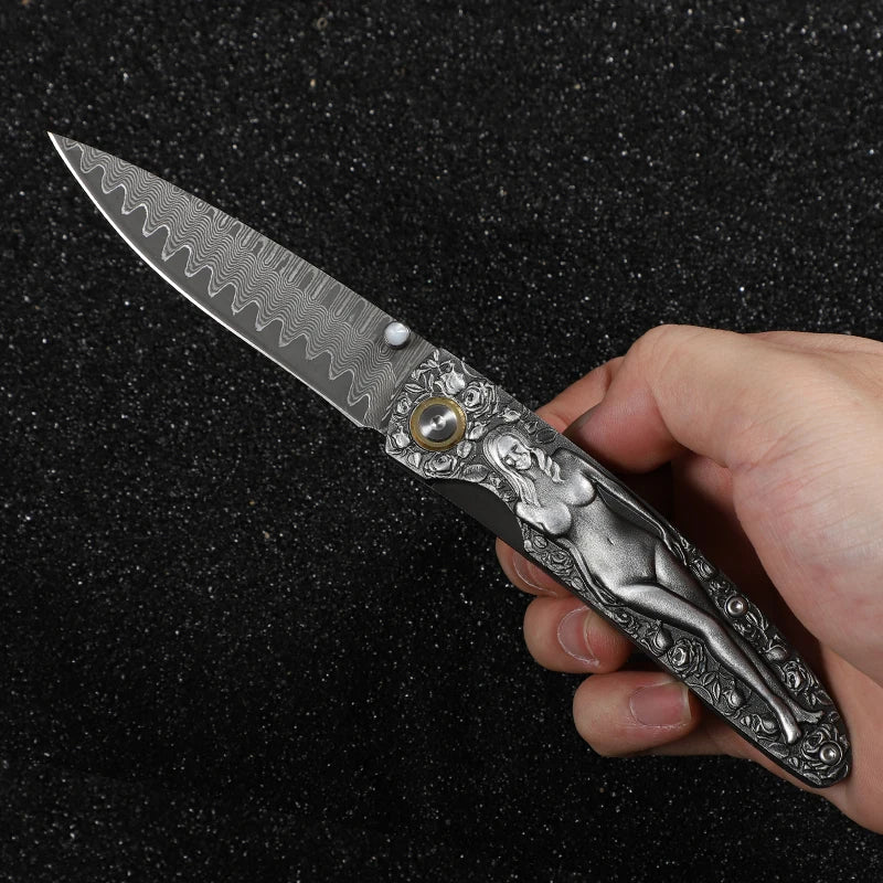 Pocket Knife Japanese Damascus Steel Blade Moussa Goddess Folding Knife