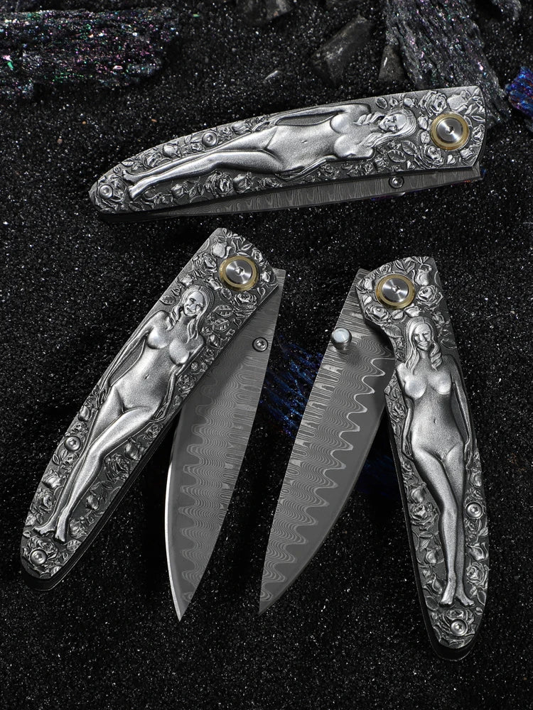 Pocket Knife Japanese Damascus Steel Blade Moussa Goddess Folding Knife