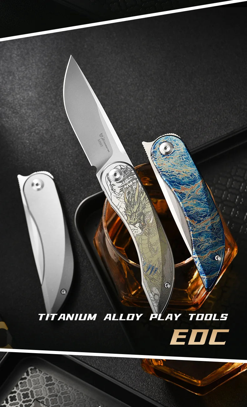 PioneerEDC Gr5 Titanium Alloy Survival Knife EDC Folding Utility Knife M390 Steel Blade High Hardness Tactical Camping Knife